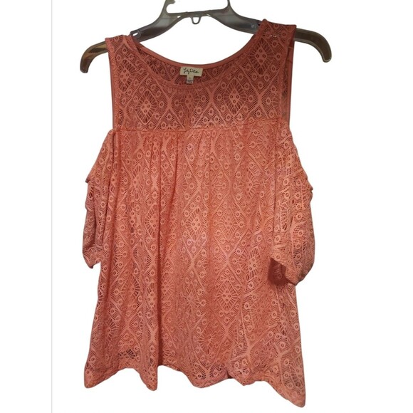 Lily White Women’s Blouse Large Pink Lace Cold Shoulder Short Sleeve Top - Picture 1 of 5